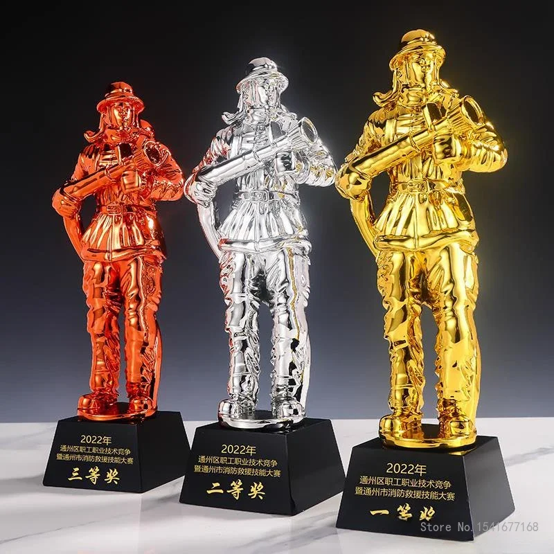 Customized Resin Firefighter Trophy Crystal Trophy Soldier Souvenirs Martial Arts Competition Home Decor Gold Silver Copper, 1Pc