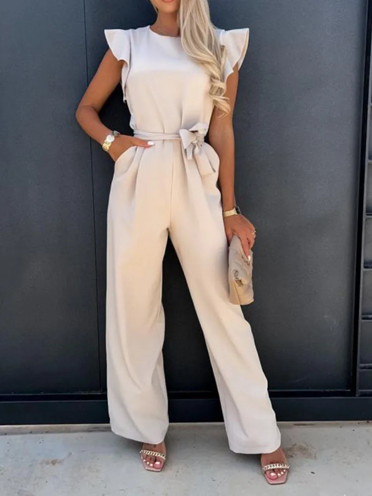 

Fashion Wide Leg Pant Jumpsuit Women Summer Casual Ruffle Sleeveless Jumpsuits Office Ladies Solid Color Straight Pants Suits