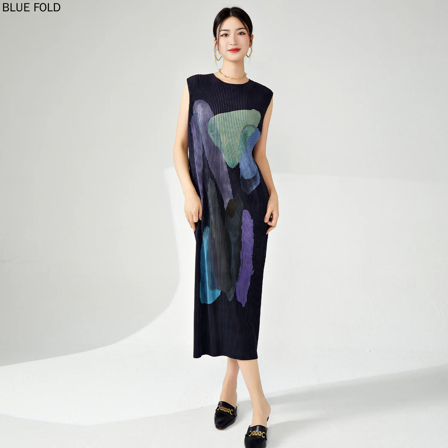 

Miyake-Women's Pleated Bottoming Dress, Printed Sleeveless Dress, Loose Mid-length Fashionable Inner Dress, PLEATS, Elegant, New