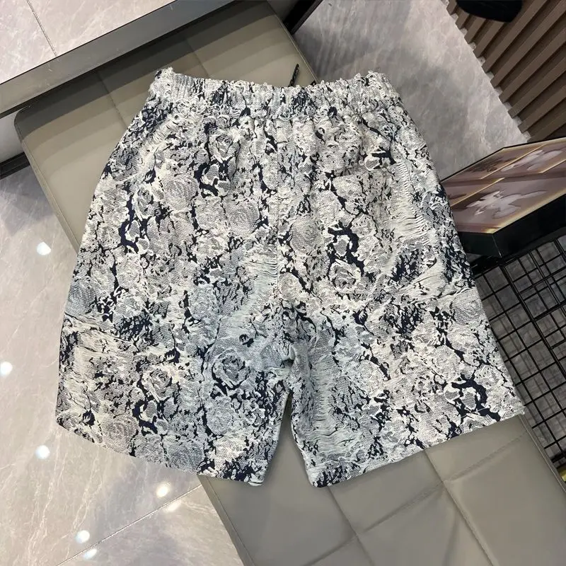 New Design Sense Floral Denim Shorts Men's Fashionable All-Match Loose Blue and White Porcelain Cropped Pants Casual Pants