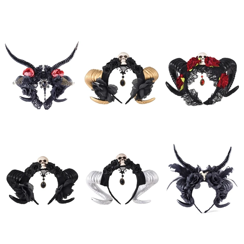 

Witch Flower Decor Sheep Horn Hair Hoop Shoot Movie Evil Horn for Head Band Gothic Cosplay Costume Headpiece