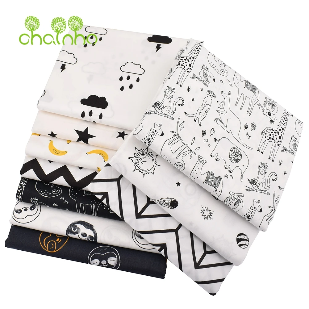 Chainho,Printed Twill Weave Cotton Fabric,Patchwork Cloth,DIY Sewing Quilting Material,Black & White Series,3 Specification,C137