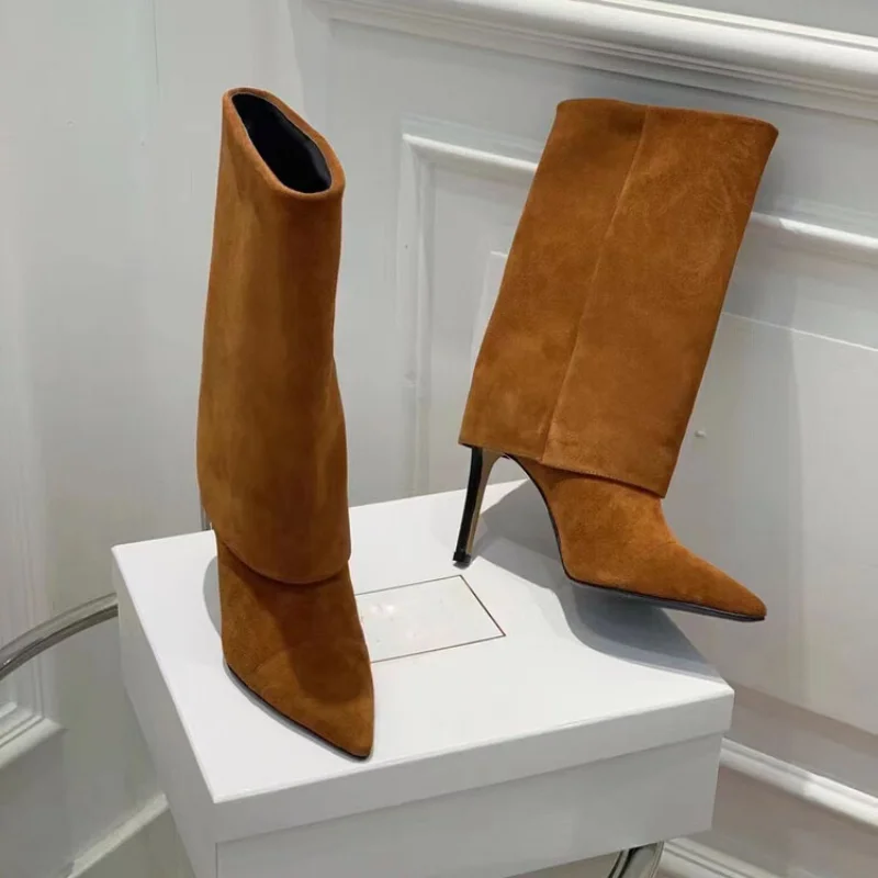 2022 European and American Fashion New Style Slim Heel Mid Rise Boots Pointed Solid High Heel Fashion Shoes Trouser Boots