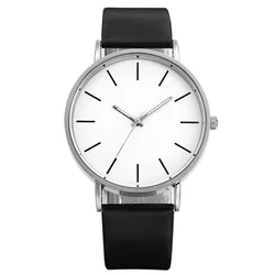 Minimalist Women's Ultra Thin Fashion Watch with Leather Strap - No (Black White)