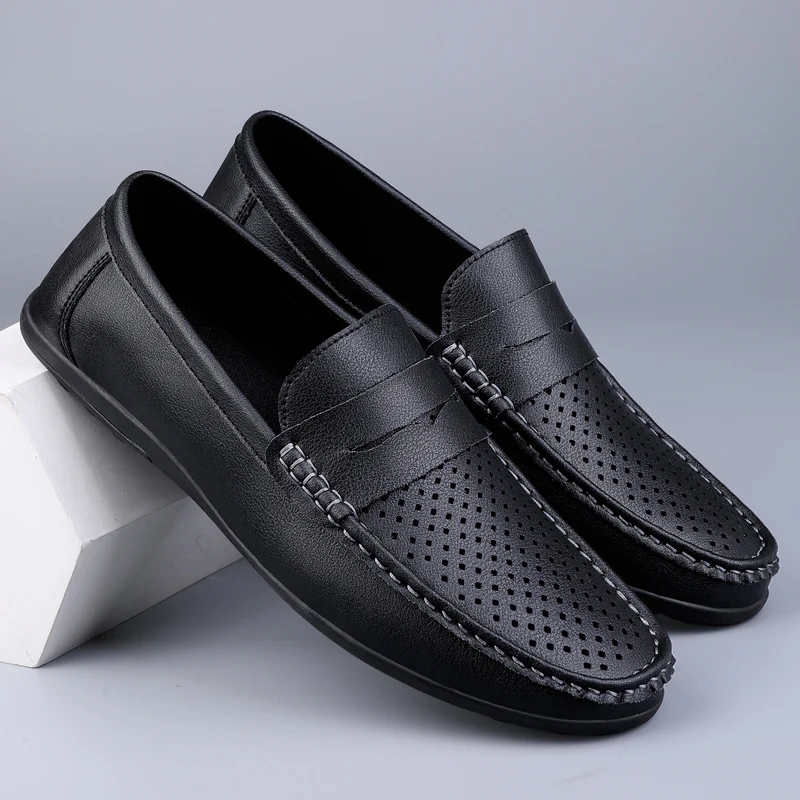 Black Shoes For Men Lofar Suj Black Leather Men Breathable Driving