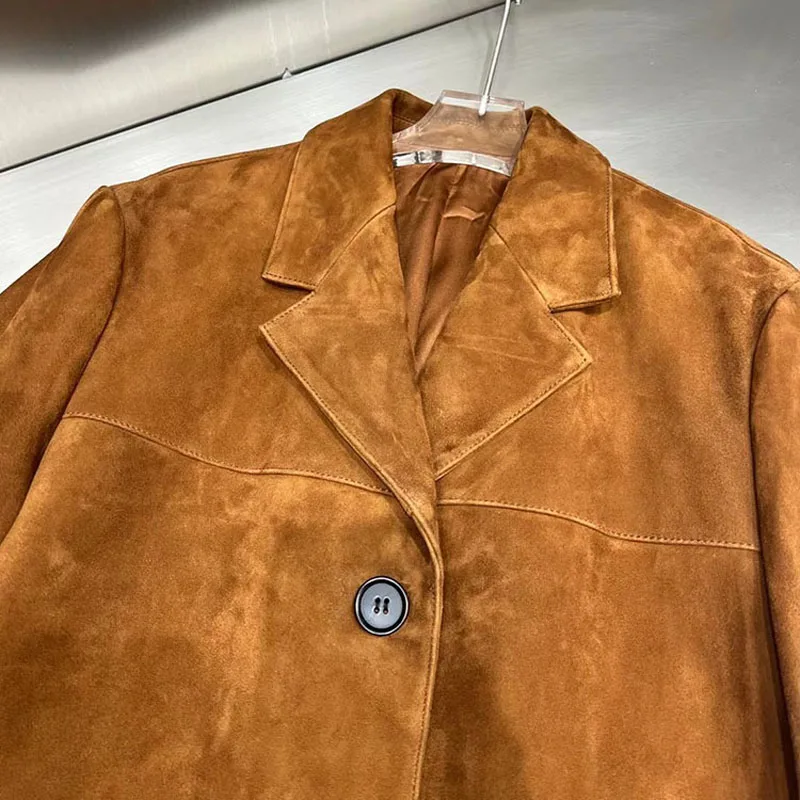 Vintage Brown Kid Suede Jacket for Women 2023 New High Sense Loose Oversized Leather Suit Blazer Female Casual Coat Streetwear 5