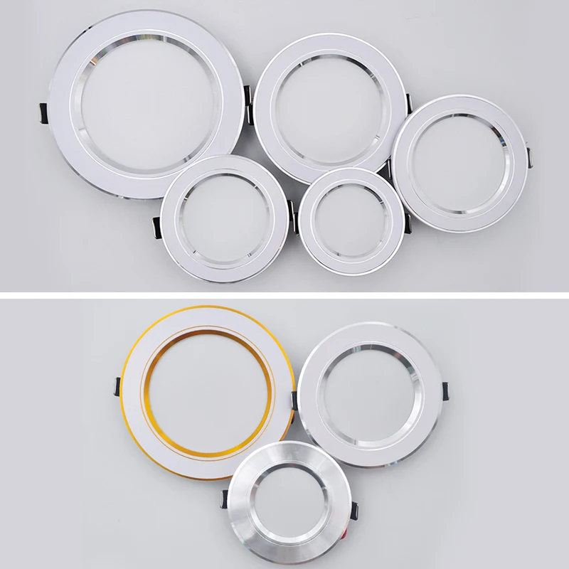 Lâmpada embutida redonda do teto do diodo emissor de luz, luz prateada dourada, downlight branco quente e frio, 2 unid, 220v, 230v, 18w, 15w, 9w, 5w