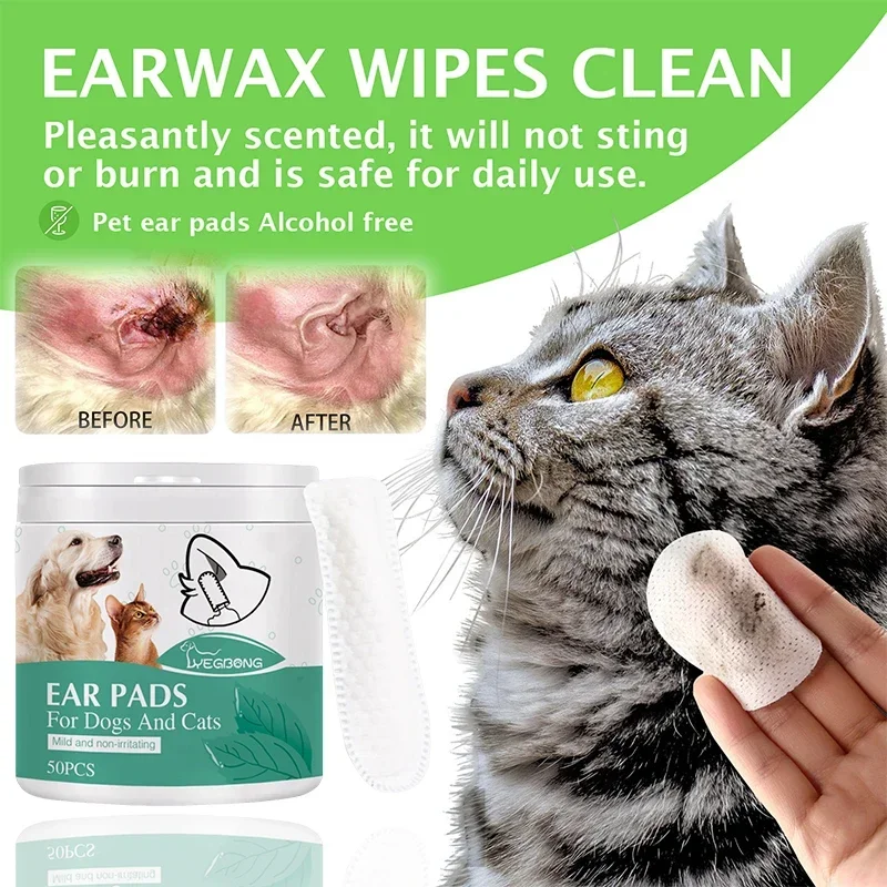 애완 동물 귀 청소 손가락 침대, 귀 진드기 및 귀지 관리, 귀 운하 귀 청소 코튼 시트, 고양이와 개용, 50 개 