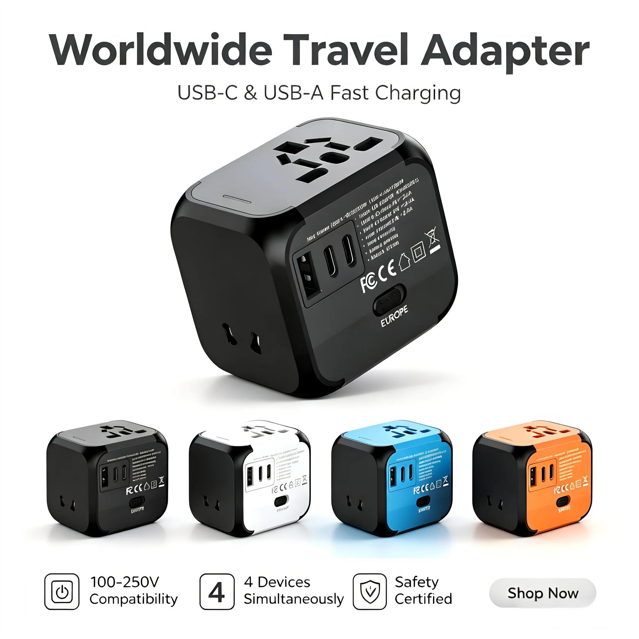 Universal Travel Charger with Dual USB & Type-C Ports - All-in-One Plug Adapter
