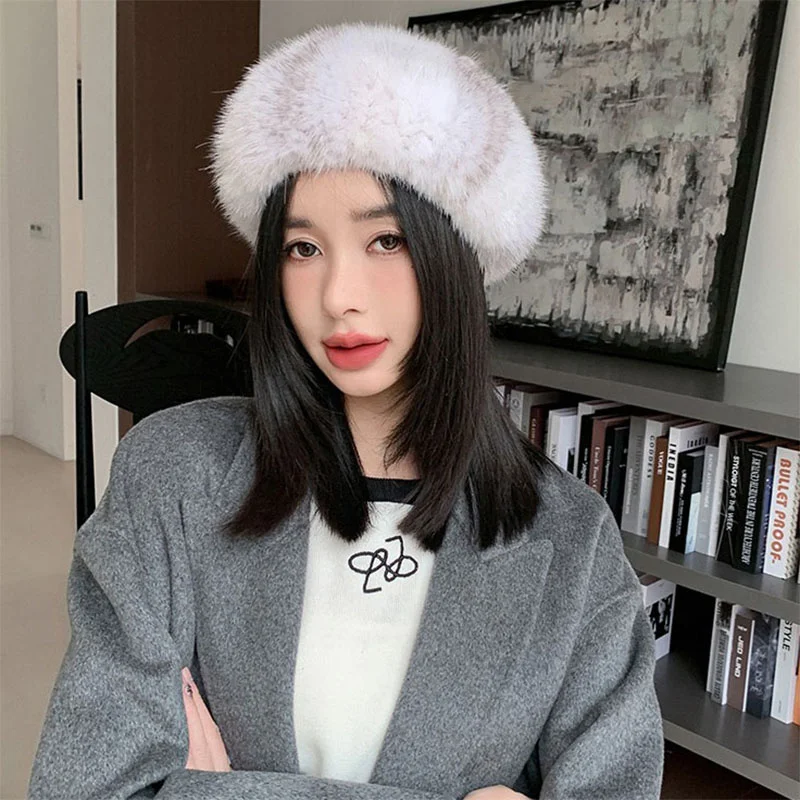 

Winter New Women's Beret Real Mink Fur Thickened Warm Fur Straw Hat Fashion Elegant Casual Fluffy Plush High-end Banquet Hat