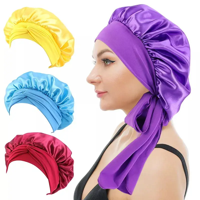 

Satin Women Bonnet Stretch Solid With Wide Ties Long Hair Care Night Sleep Hat Adjust Hair Styling Cap Silk Head Wrap Shower Cap