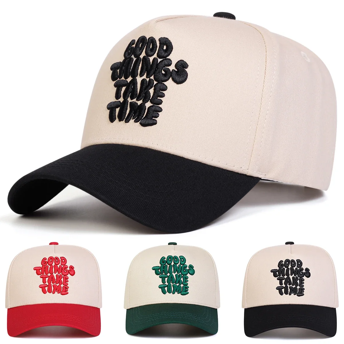 Unisex-Baseballmützen mit Stickerei „GOOD THINGS TAKE TIME“, für Frühling und Herbst, für den Außenbereich, verstellbare Freizeithüte, Sonnenschutzhut, Sportkappe