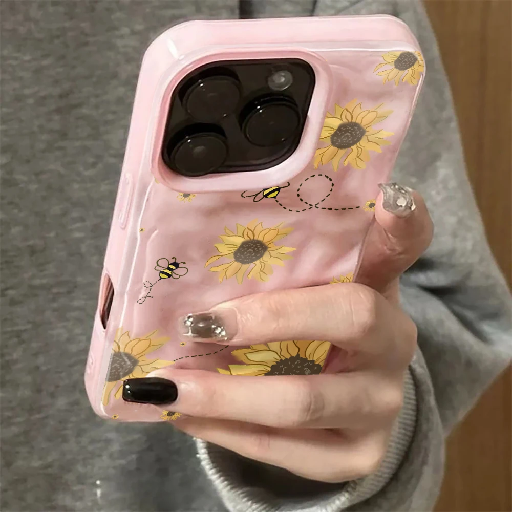 Sunflower Bee Illustration Pattern Phone Case with Simple Wrinkled Texture Cover