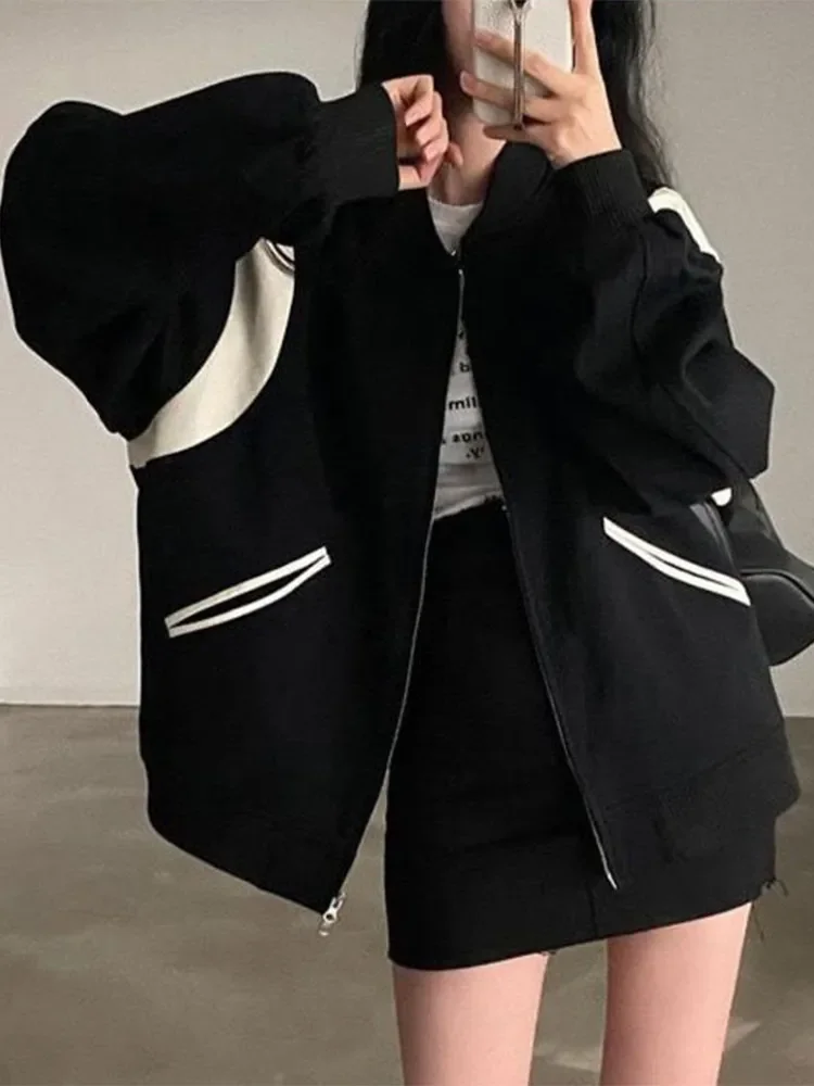 

Oversized Bomber Jacket Women Vintage Zipper Black Patchwork Baseball Coat Female Korean Fashion Casual Loose Windbreaker X1089