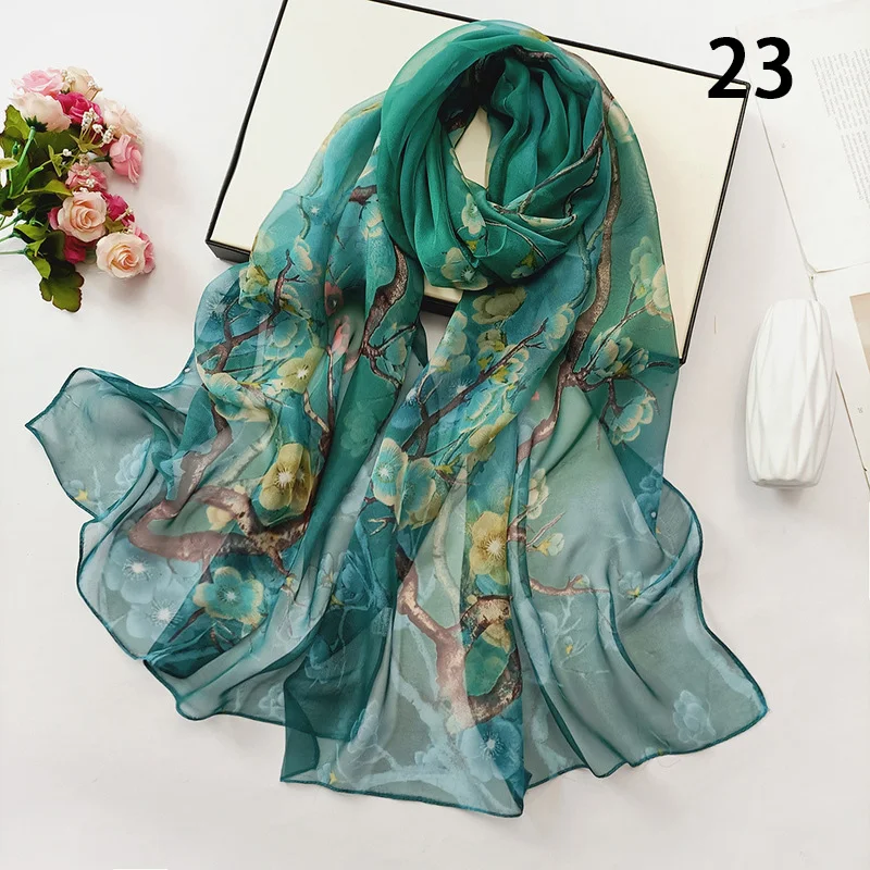Chal Largos Elegant Para Mujer, Pañuelo De Seda Con Tampado Floral, Protección Solar Para La Cabeza, Bufanda De Gasa Para El Cuello, 50x160cm - AliExprs