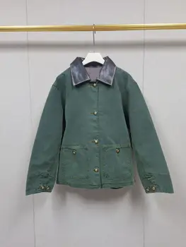 Autunno Inverno Nuove donne Retro Parka verde Cappotto in pelle marrone Tasche con colletto rovesciato Giacca monopetto a maniche lunghe da donna 1