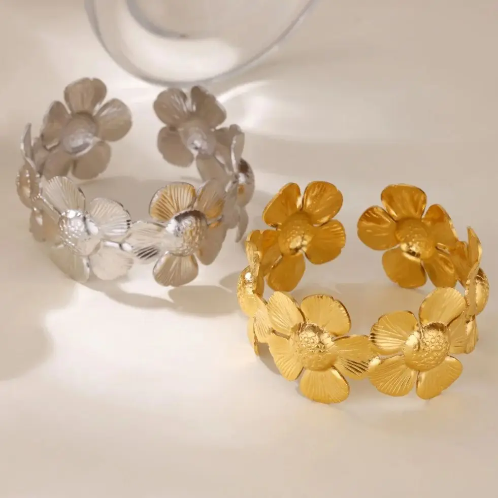 For Women Stainless Steel Flower Bangles
