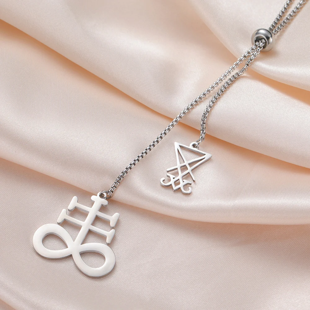 Dawapara Luzifer Siegel und Leviathan-Kreuz, lange Halskette, Gothic-Pullover-Kette, religiöser Schmuck, Edelstahl-Halsketten