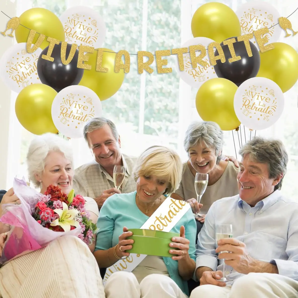 Decorazione Festa Pensionamento – 20 Palloncini Oro/Nero + Striscione 'Vive La Retraite' + Sciarpa