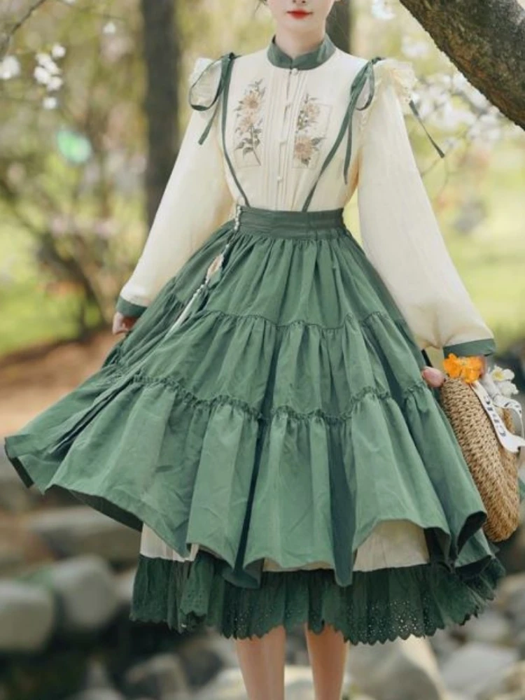 Chinese Lolita Style Spring Summer Long Midi Suspender Skirt Women