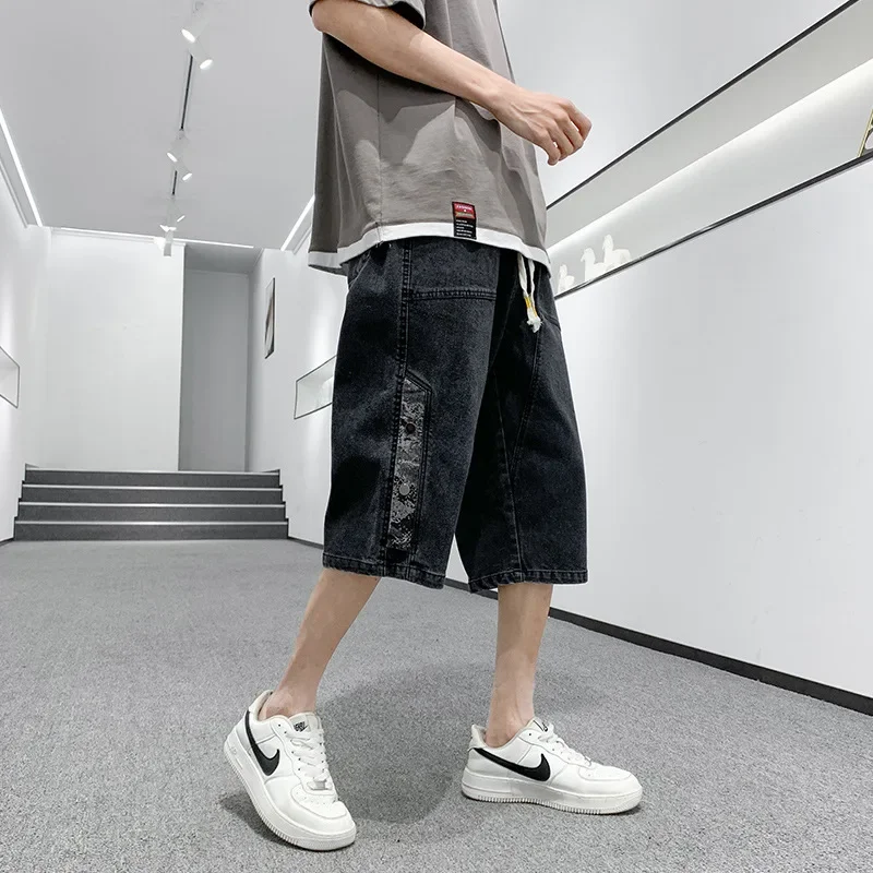 Summer Casual Denim Shorts for Men Loose Straight Leg Sporty Cotton Large Size Jeans Seven-Foot Pants Micro Elastic