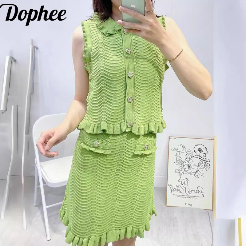 

High Quality Summer Women Knitting Suits Small Fresh Olive Green Sleeveless Knit Vests Top + Ruffles Cute Short A-line Skirt Set