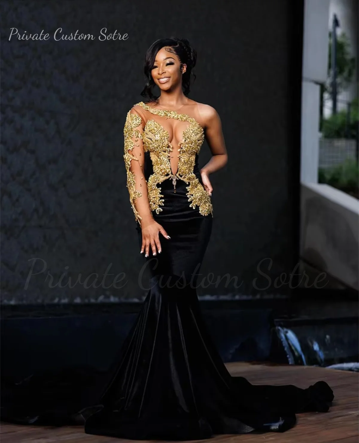 New Luxury Black Velour Mermaid Women Prom Dress Beading Gold Crystal Rhinestone Birthday Dress One Shoulder Evening Gown C