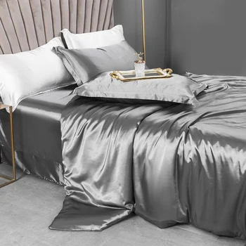Solid Silk Bedding Set with Duvet Cover Bed Sheet Pillow Case Luxury Single Double Couple Rayon Satin Pillowcases Bedsheet 6