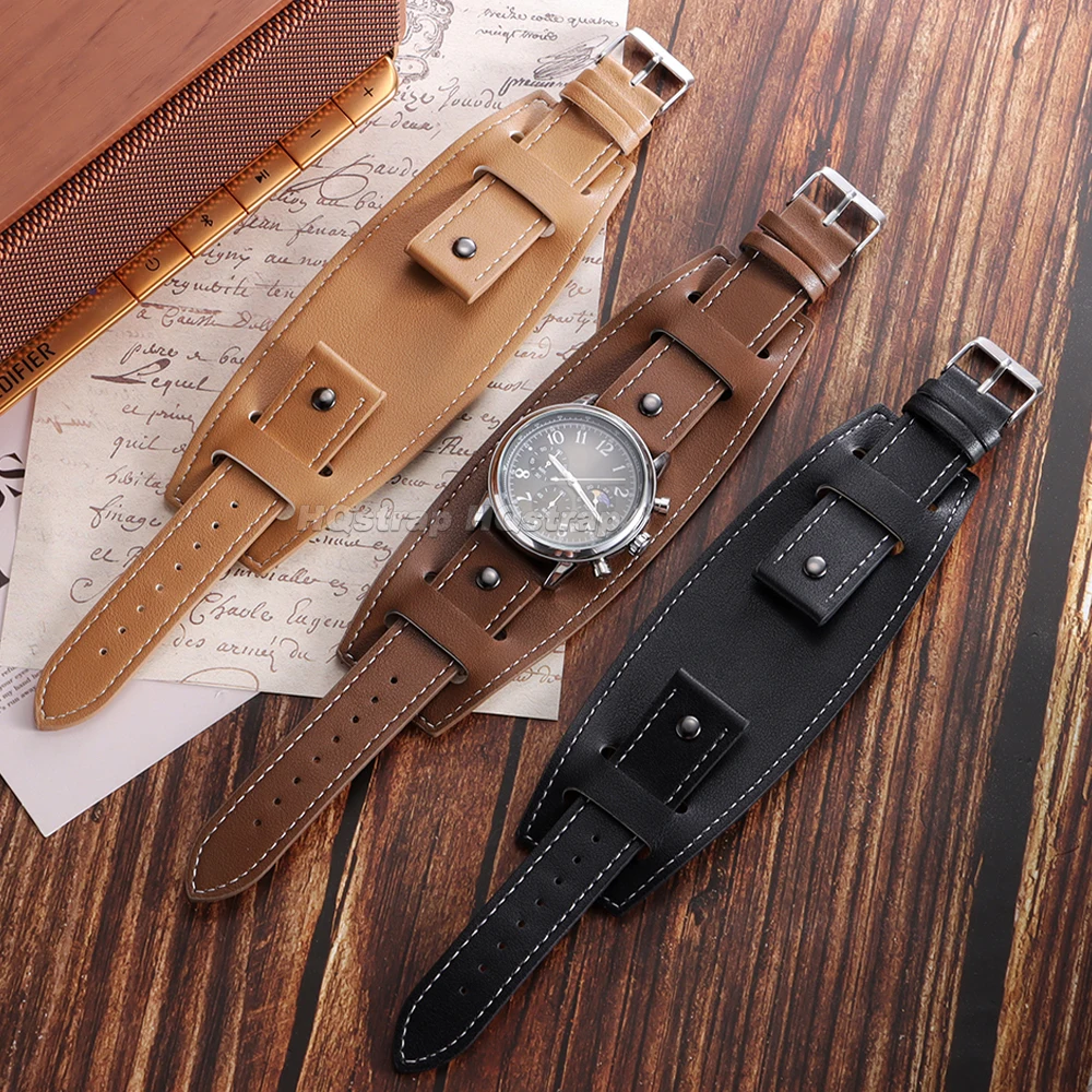 Vintage Brown and Black Retro PU Leather Watch Band Strap with Matte Bund Base