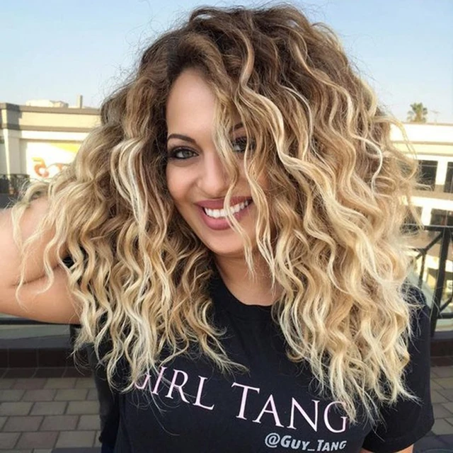 GNIMEGIL Synthetic Blonde Wigs for White Women Long Curly Wig Fluffy Body Wave Hairstyle Cosplay Wig Costume + Tattoo Sticker Ombre Blonde(20inch)