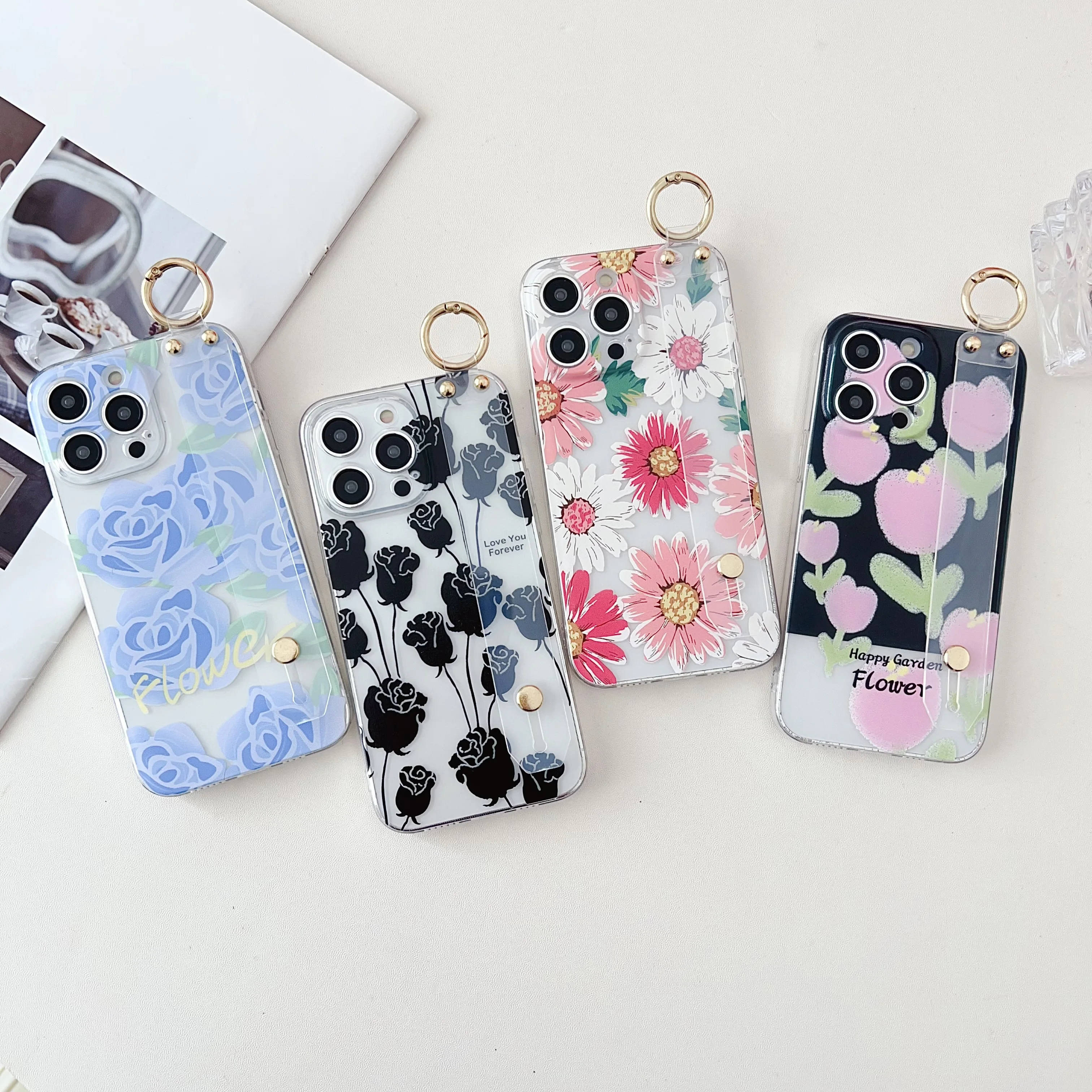 Floral Design Wrist Strap Phone Case - Fashion Edition