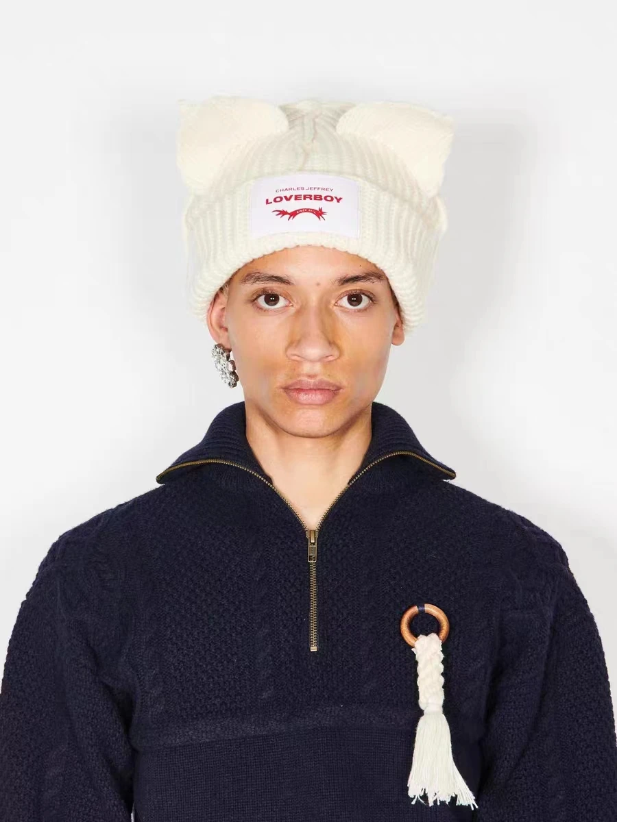Winterwarme, gestrickte Bombermütze mit langen Hasenohren und Fuchsmotiv für Damen, Herren, Jungen und Mädchen, süße Hasenohren-Häkelmütze, Hip-Ho – Detail 3
