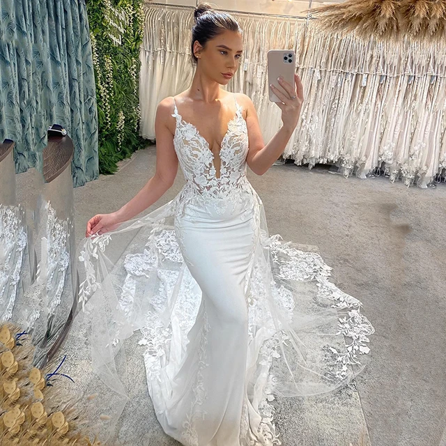 Eightree Elegant White Mermaid Wedding Dresses 2024 V-Neck Appliques Lace  Bridal Dress Boho Beach Wedding Prom Gowns Custom Size - AliExpress