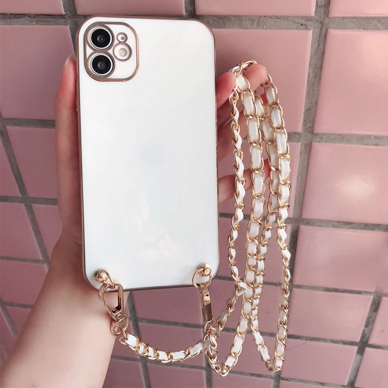 Elegant Crossbody Leather Phone Case with Metal Chain Necklace
