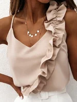 Women Summer Blouse Shirts Sexy V Neck Ruffle Blouses Backless Spaghetti Strap Office Ladies Sleeveless Casual Tops 1