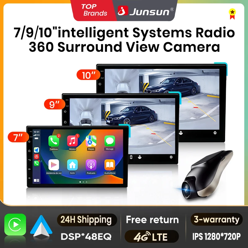 Radio para Auto Junsun Qualcomm de 8 Núcleos con Cámara de Visión 360°, Universal, Estéreo, Pantalla Táctil IPS de 7, 9 y 10 Pulgadas, Reproductor Multimedia, CarPlay Inalámbrico, Android Auto, Sistemas Inteligentes, Unidad Principal 2 Din, Autoradio, Navegación GPS, BT, 4G, WIFI, 8 Núcleos, FM, AM, DSP, RDS, SWC 1