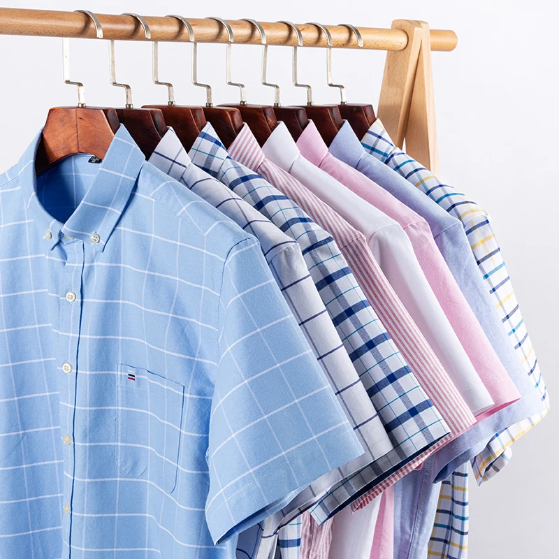 남자 셔츠  100% 코튼 통기성 남성용 옥스포드 반팔 격자 무늬 셔츠, 스트라이프 남성 의류, 비즈니스 레귤러 핏, 오버사이즈 여름 