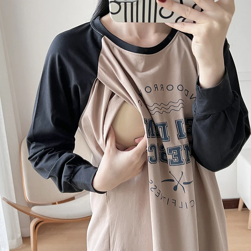

White With Navy Blue Mid-Length Long-sleeved Breastfeeding T-shirt 95% Cotton Comfortable Leisure Pregnant Women 6074B