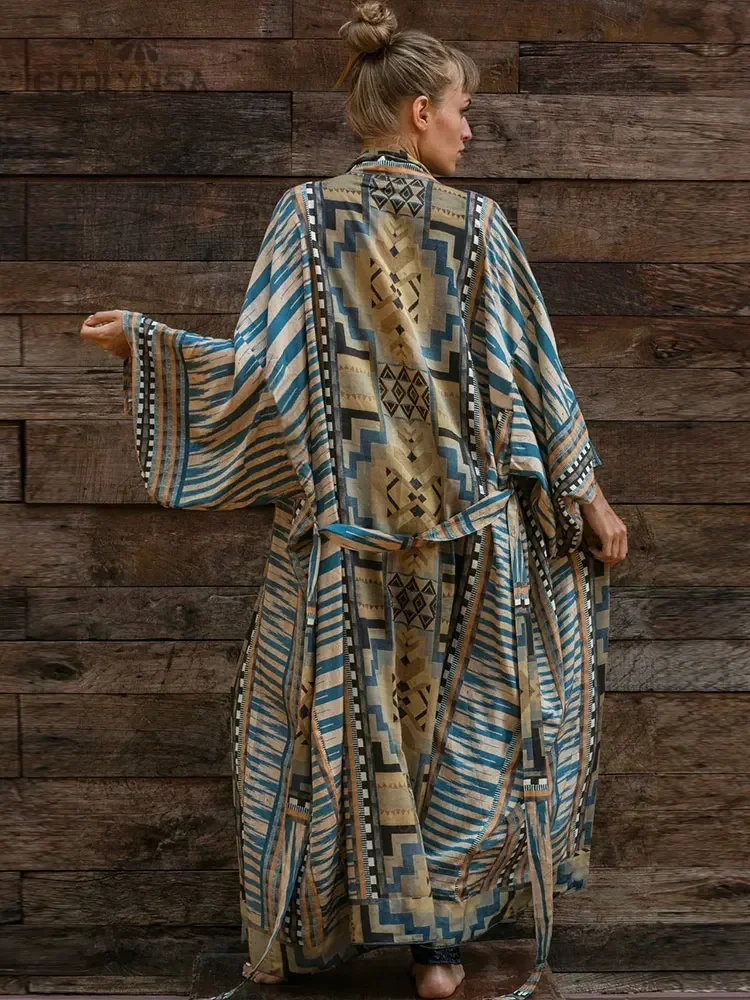 

2024 Blue Retro Printed Long Sleeve Self Belted Plus Size Bohemian Kimono Tunic Women Maxi Dress Summer Beachwear Cover Up Q1228