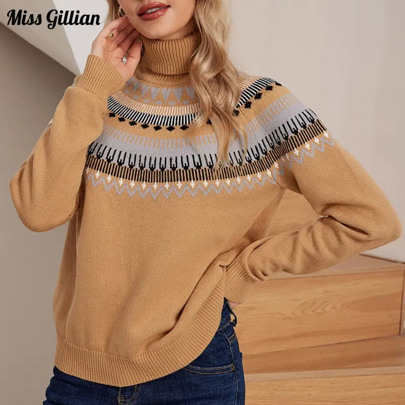 

Long Sleeve Women's Turtleneck Sweater Knitted Pullover Fashion Vintage Clothes Christmas Autumn Winter Jacquard Sweaters Jumper