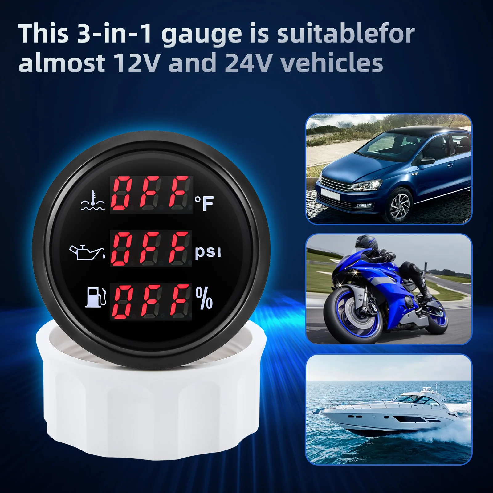 3 in 1 자동차 게이지 52mm 방수 다기능 연료 게이지 오일 압력 수온 게이지 9-32V 센서 빨간색 백라이트