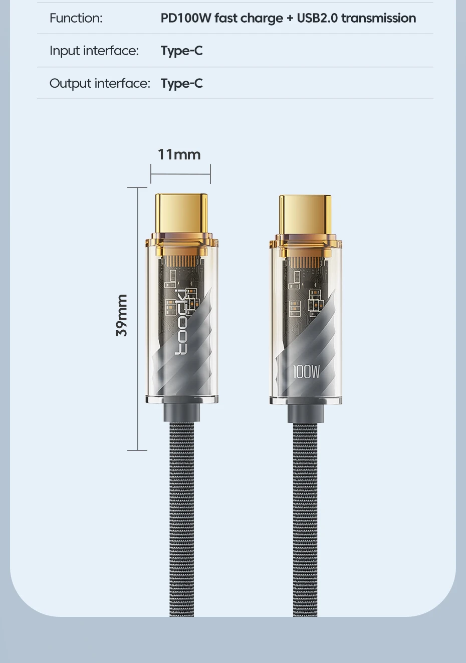 Transparent 100W USB Type C to USB C Cable for Macbook Samsung Huawei Xiaomi POC