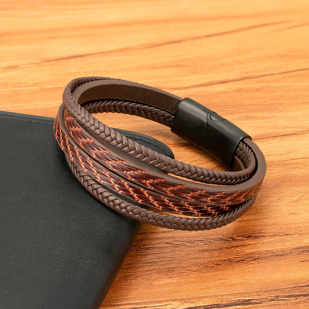 TYO Stylish Feather Pattern Design Multilayer Braid Leather Mens Bracelet Stainless Steel Magnetic Clasp Bangles Jewelry Gift - Image 3