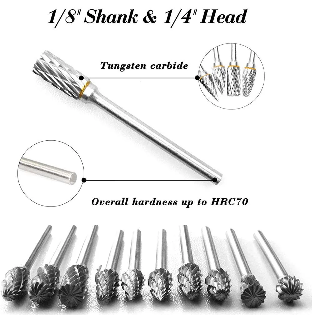 Milling Cutter Carbide Burr Set 10 pcs 1/8