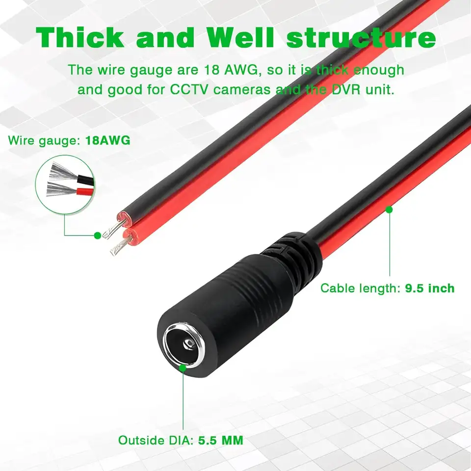 20 Pack Female 12V 5A DC Power Pigtail Barrel Plug Connector Cable,20 x 2.1mm x 5.5mm Female DC Pigtail Connectors for CCTV Home image 4