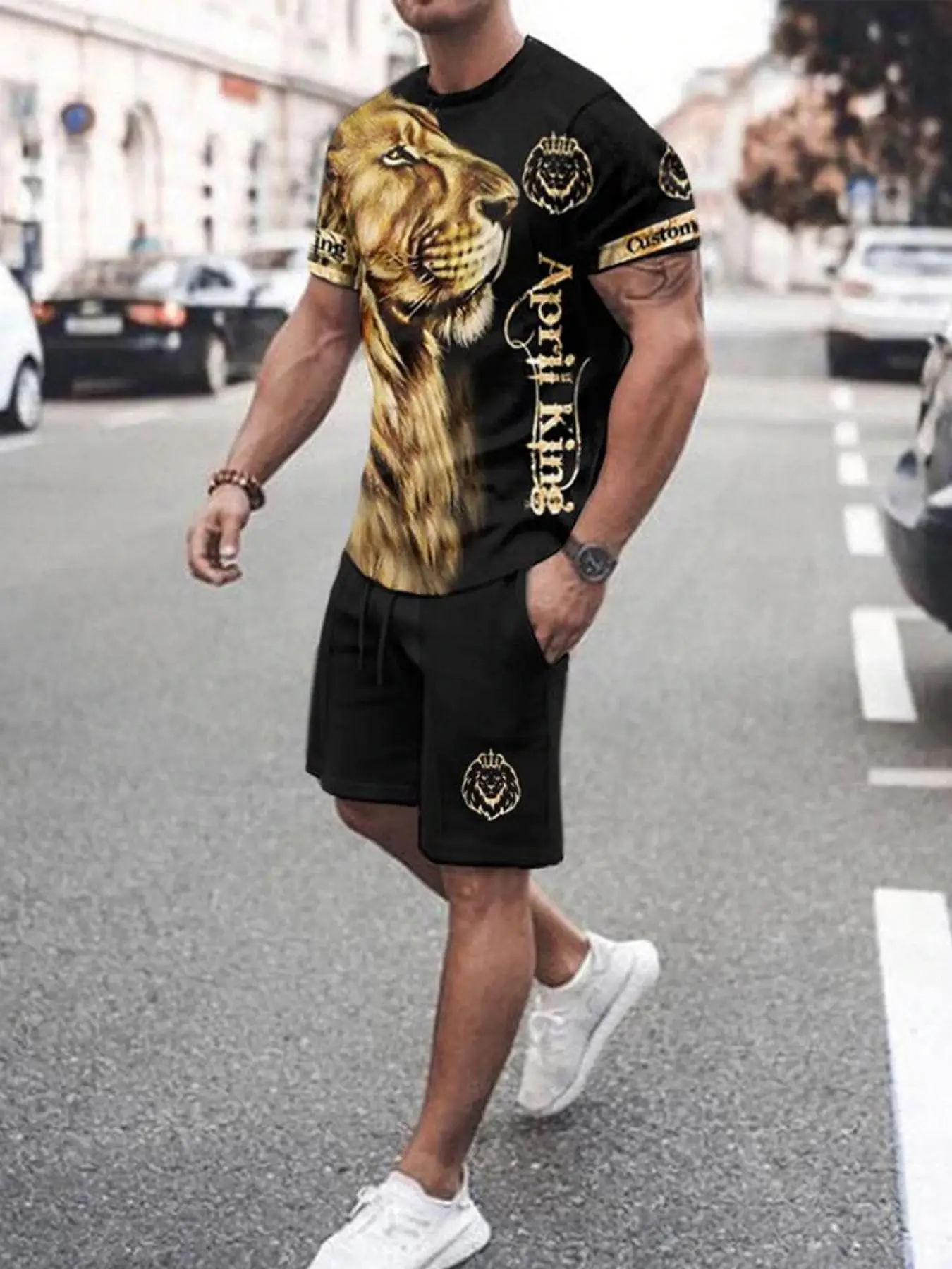 

Men T Shirts Shorts 2 Piece Sets Tees Suit Fashion Male Animal Tiger Pattern Print Streetwear Casual Short Sleeve Tracksuit Suit