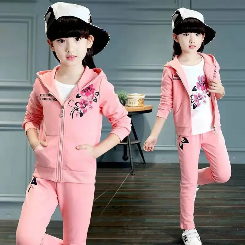 

Autumn Teen Girls' Sweater Sets Hooded Zipper Coat Loose Pants Two Pieces Cartoon Flower Print 2023 Causal Sport 5-14 Years Old