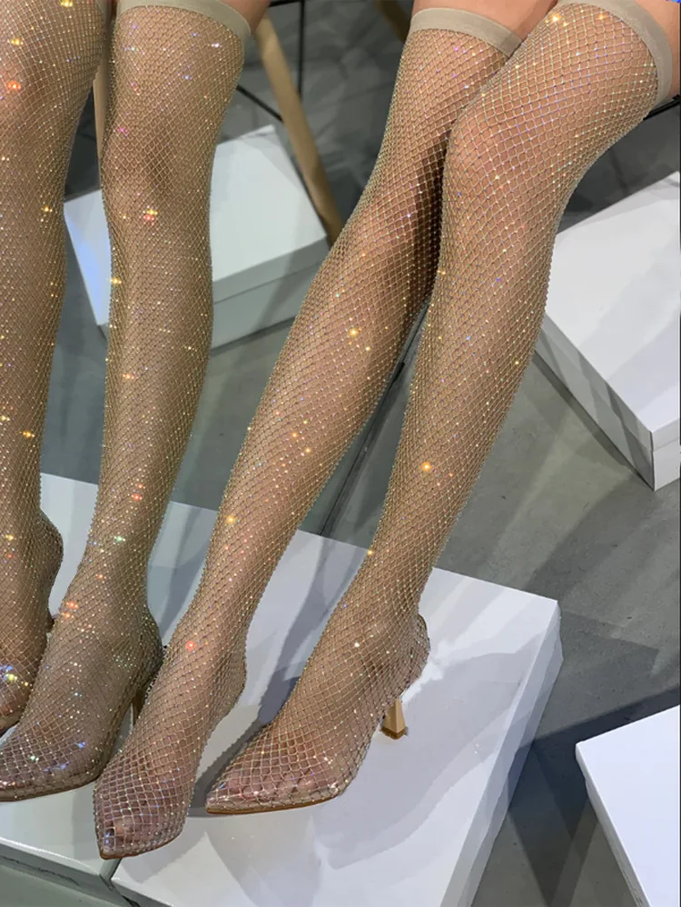 Fishnet Silver Lace Up Boots 2024 New Full Rhinestone Mesh Summer