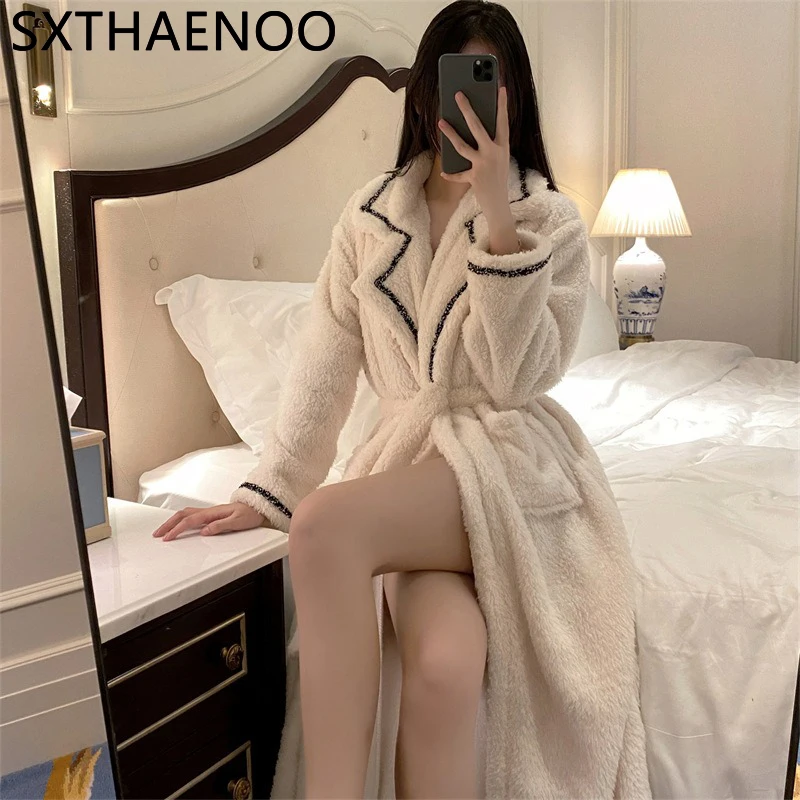 

SXTHAENOO Warm Thicken Pajamas For Women Winter Plus Size Loose Casual Long Homewear Sleepwear Bathrobe Flannel Fluffy Nightwear