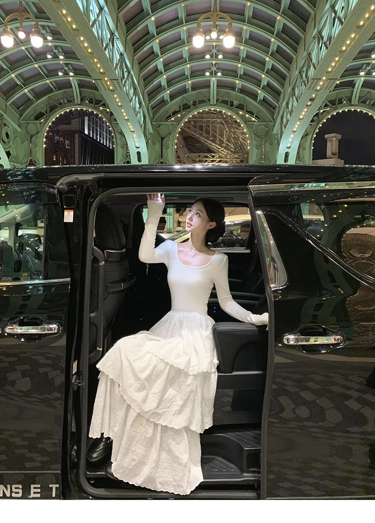 Autumn New Cake Midi Dresses for Women Solid Long Sleeve U-neck Backless A-line Korean Fashion Casual One Piece Vestidos Mujer